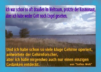  Ich war schon so oft draussen im Weltraum,protzte der Astronaut, aber ich habe weder Gott noch Engel gesehen. - Und ich habe schon so viele kluge Gehirne operiert, antwortete der Gehirnforscher, aber ich habe nirgendwo auch nur einen einzigen Gedanken entdeckt (aus 